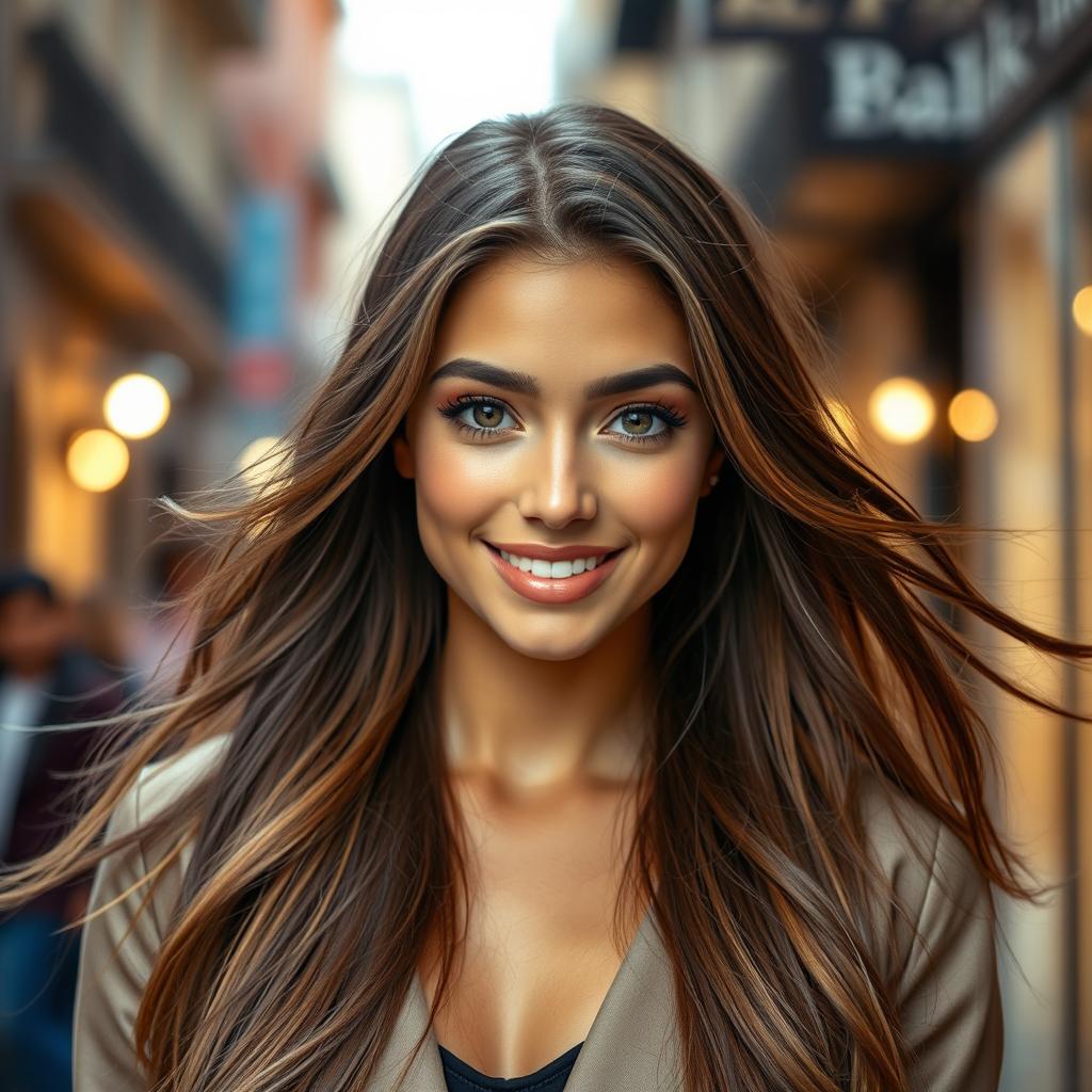 A stunning portrait of a glamorous young woman with long flowing hair, wearing stylish, fashionable clothing