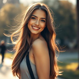 A stunning portrait of a young woman with long, flowing hair, captivating eyes, and a warm smile