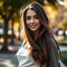 A stunning portrait of a young woman with long, flowing hair, captivating eyes, and a warm smile