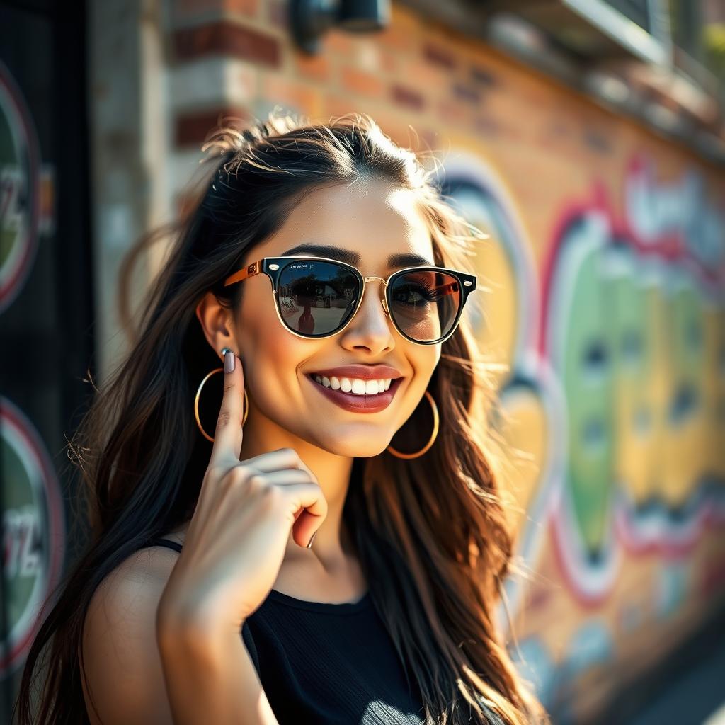 A beautiful portrait of a confident woman with Middle Eastern features, wearing stylish sunglasses and a fashionable outfit