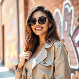 A beautiful portrait of a confident woman with Middle Eastern features, wearing stylish sunglasses and a fashionable outfit