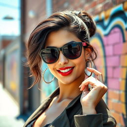 A beautiful portrait of a confident woman with Middle Eastern features, wearing stylish sunglasses and a fashionable outfit