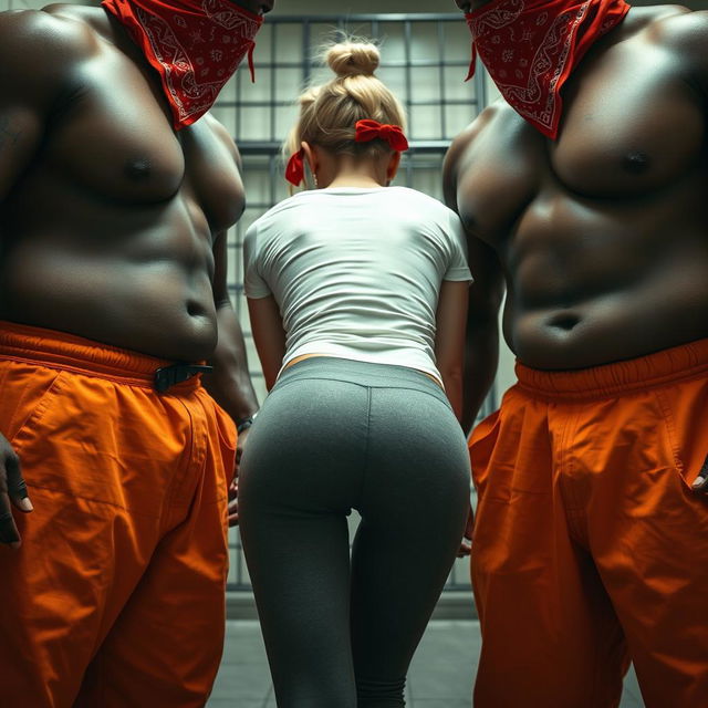 An extreme close-up shot capturing the chests of two large, muscular African American gang members wearing baggy orange pants and red bandana masks