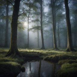 A stunning image of a mystical forest glade bathed in the soft glow of moonlight.