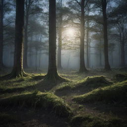 A stunning image of a mystical forest glade bathed in the soft glow of moonlight.