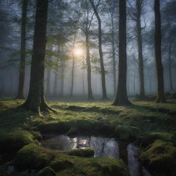 A stunning image of a mystical forest glade bathed in the soft glow of moonlight.