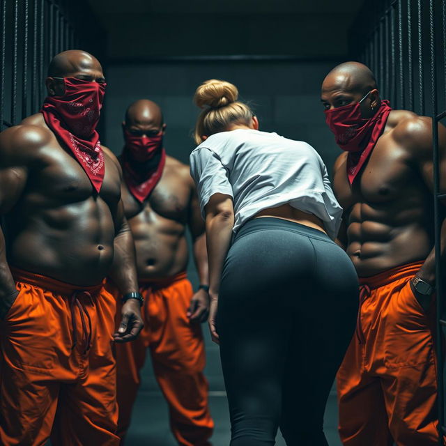 In a dimly lit prison cell, an extreme close-up image focusing on the chests of two large muscular African American gang members dressed in baggy orange pants and red bandana masks, showcasing their powerful physiques