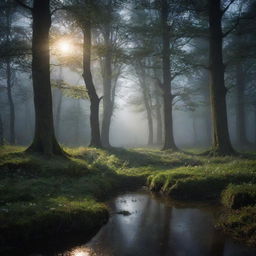 A stunning image of a mystical forest glade bathed in the soft glow of moonlight.