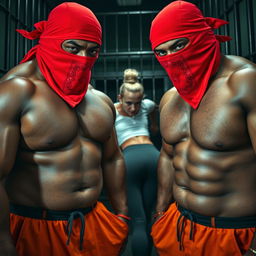 An extreme close-up shot focused on the chests of two large muscular African American gang members, dressed in baggy orange pants and red bandana masks, suggesting an intense and rugged atmosphere