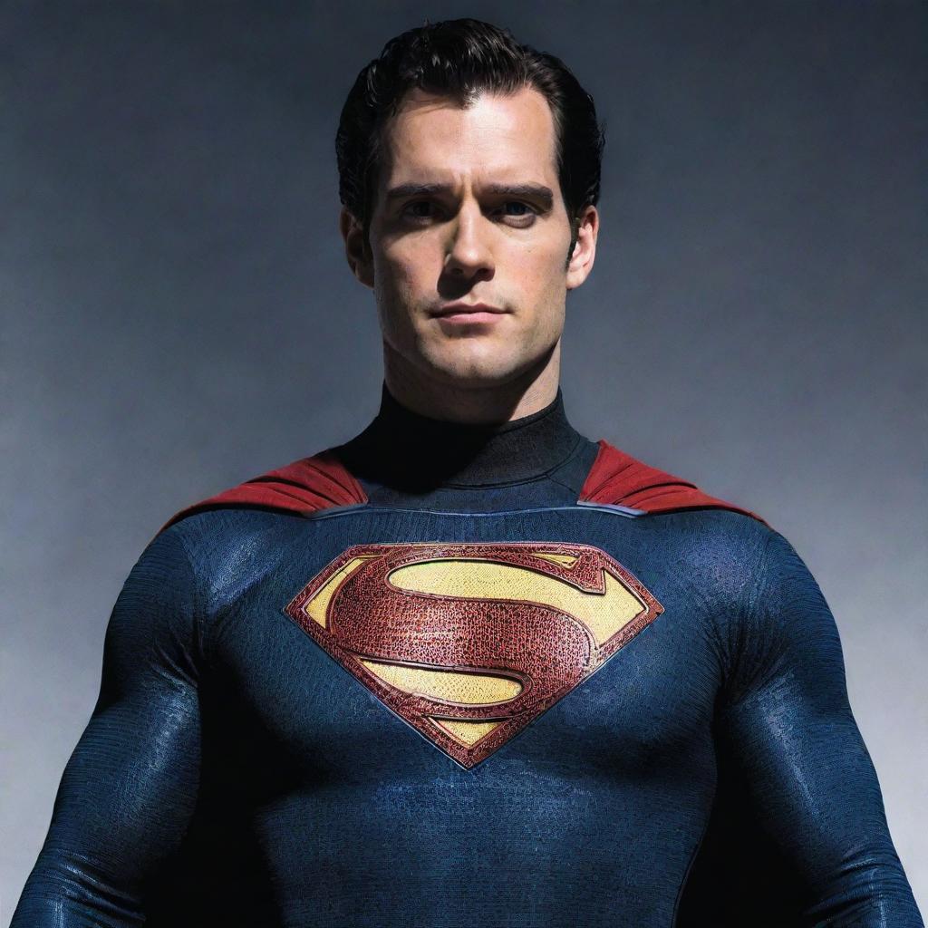 An inspiring image of Henry Cavill portraying the New 52 Superman, featuring a sleek suit with high collar, red belt, and iconic red cape.