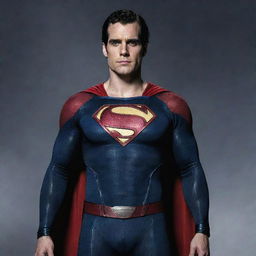 An inspiring image of Henry Cavill portraying the New 52 Superman, featuring a sleek suit with high collar, red belt, and iconic red cape.