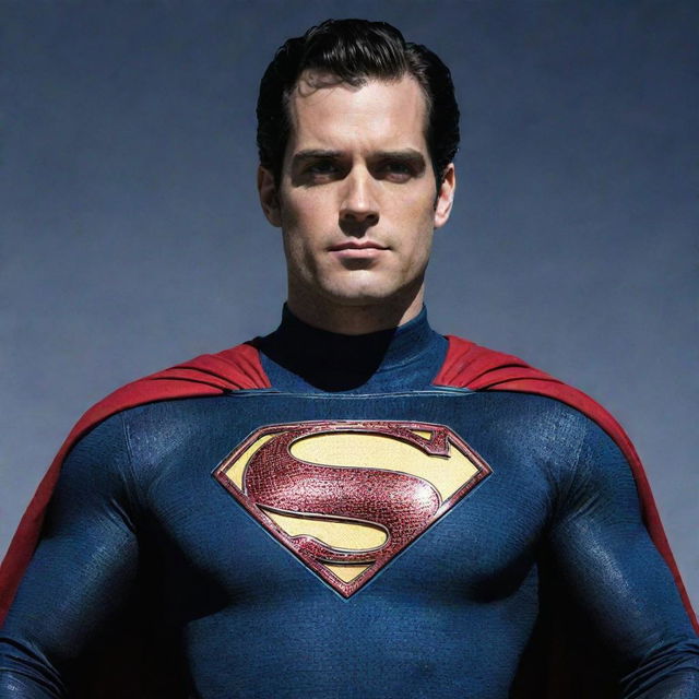 An inspiring image of Henry Cavill portraying the New 52 Superman, featuring a sleek suit with high collar, red belt, and iconic red cape.