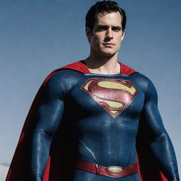 An inspiring image of Henry Cavill portraying the New 52 Superman, featuring a sleek suit with high collar, red belt, and iconic red cape.