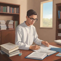 A cartoon-style image of a committed high school student donned in a thobe and glasses, engrossed in studying inside his personal room filled with books.