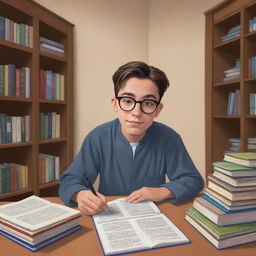 A cartoon-style image of a committed high school student donned in a thobe and glasses, engrossed in studying inside his personal room filled with books.