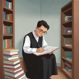 A cartoon-style image of a committed high school student donned in a thobe and glasses, engrossed in studying inside his personal room filled with books.