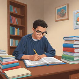 A cartoon-style image of a committed high school student donned in a thobe and glasses, engrossed in studying inside his personal room filled with books.