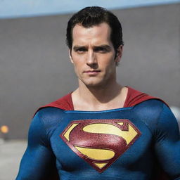 A detailed, lifelike image of actor Henry Cavill in the unique costume of the New 52 Superman, showing off the modernized details of the style.