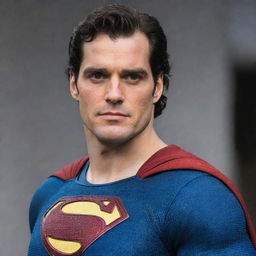 A detailed, lifelike image of actor Henry Cavill in the unique costume of the New 52 Superman, showing off the modernized details of the style.