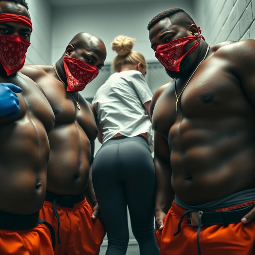 An extreme close-up shot focusing on the chests of two large muscular African American gang members, wearing baggy orange pants