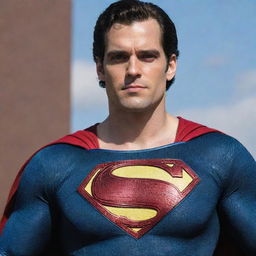 A detailed, lifelike image of actor Henry Cavill in the unique costume of the New 52 Superman, showing off the modernized details of the style.