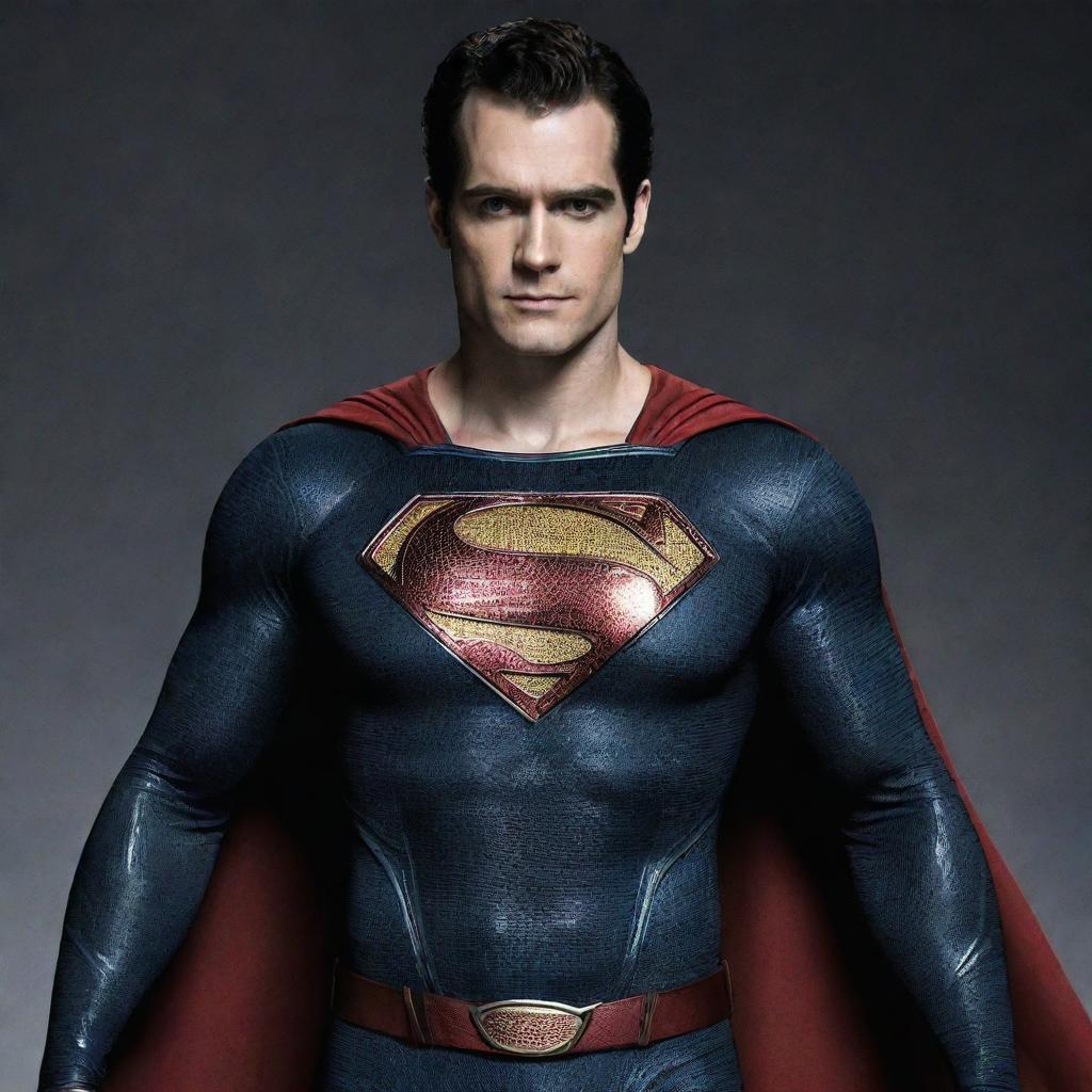 An artistic image of Henry Cavill dressed as New 52 Superman, displaying the contemporary suit, complete with the high collar and red belt.