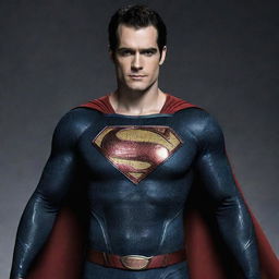 An artistic image of Henry Cavill dressed as New 52 Superman, displaying the contemporary suit, complete with the high collar and red belt.