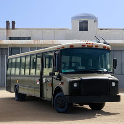 A robust penitentiary transport bus, designed with high-security measures, featuring barred windows and reinforced doors, against a backdrop of the prison facility.