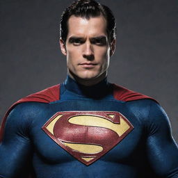 An artistic image of Henry Cavill dressed as New 52 Superman, displaying the contemporary suit, complete with the high collar and red belt.