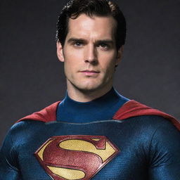 An artistic image of Henry Cavill dressed as New 52 Superman, displaying the contemporary suit, complete with the high collar and red belt.