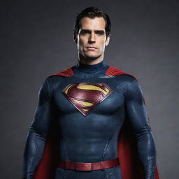 An artistic image of Henry Cavill dressed as New 52 Superman, displaying the contemporary suit, complete with the high collar and red belt.