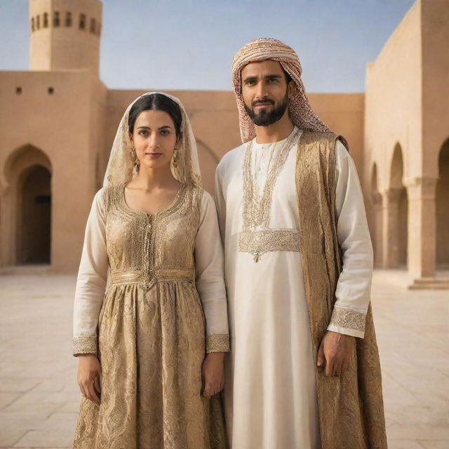 Prophet Yusuf (Joseph) and Zuleikha standing together in a classical Middle Eastern setting, wearing traditional clothing from the era