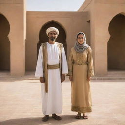 Prophet Yusuf (Joseph) and Zuleikha standing together in a classical Middle Eastern setting, wearing traditional clothing from the era