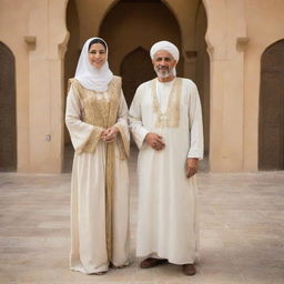 Prophet Yusuf (Joseph) and Zuleikha standing together in a classical Middle Eastern setting, wearing traditional clothing from the era