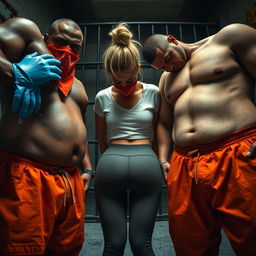 An extreme close-up shot focusing on three characters' chests within a dimly lit prison cell