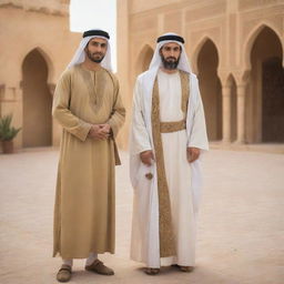 Prophet Yusuf (Joseph) and Zuleikha standing together in a classical Middle Eastern setting, wearing traditional clothing from the era