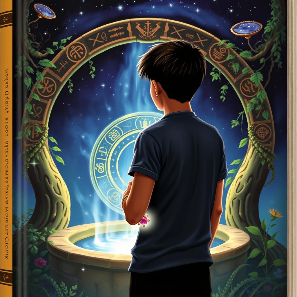 Cover art for a book featuring a young man standing in front of a magical well, gazing into its mystical depths