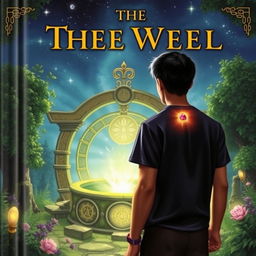 Cover art for a book featuring a young man standing in front of a magical well, gazing into its mystical depths