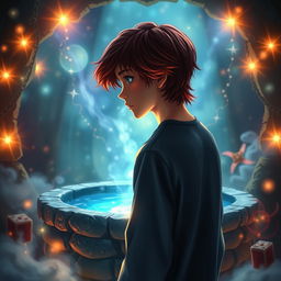 A captivating book cover featuring a 20-year-old teenage boy with slightly long, reddish-tipped hair standing in front of a magical well