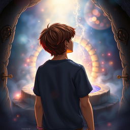 A captivating book cover featuring a 20-year-old teenage boy with slightly long, reddish-tipped hair standing in front of a magical well