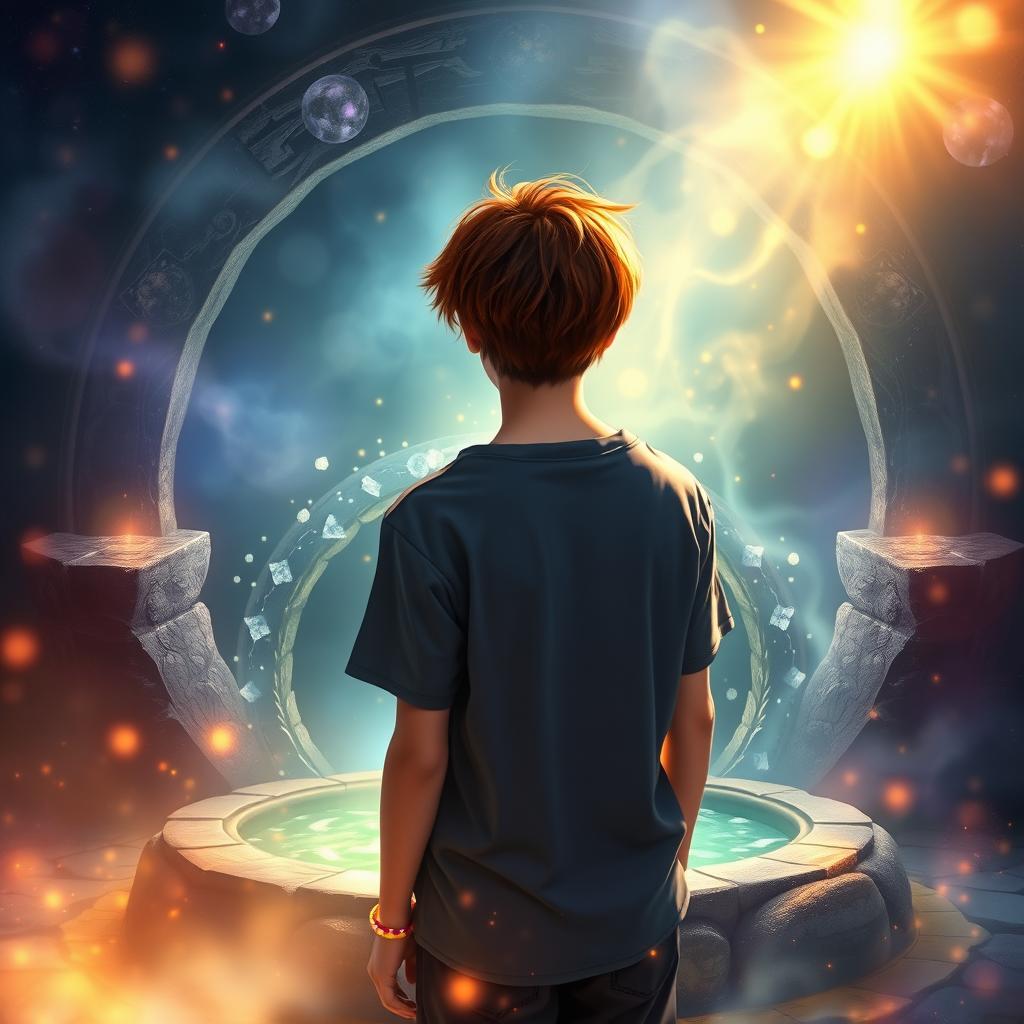 A captivating book cover featuring a 20-year-old teenage boy with slightly long, reddish-tipped hair standing in front of a magical well