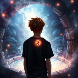 A captivating book cover featuring a 20-year-old teenage boy with slightly long, reddish-tipped hair standing in front of a magical well