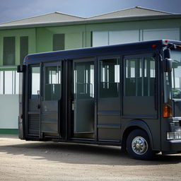 A robust penitentiary transport bus, designed with high-security measures, featuring barred windows and reinforced doors, against a backdrop of the prison facility.