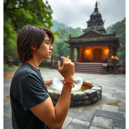 A 26-year-old young man with slightly long hair that has reddish tips stands in front of a magical well, gazing into its depths