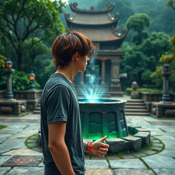 A 26-year-old young man with slightly long hair that has reddish tips stands in front of a magical well, gazing into its depths