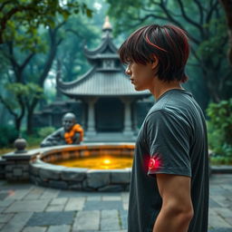 A 26-year-old young man with slightly long hair that has reddish tips stands in front of a magical well, gazing into its depths