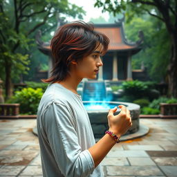 A 26-year-old young man with slightly long hair that has reddish tips stands in front of a magical well, gazing into its depths