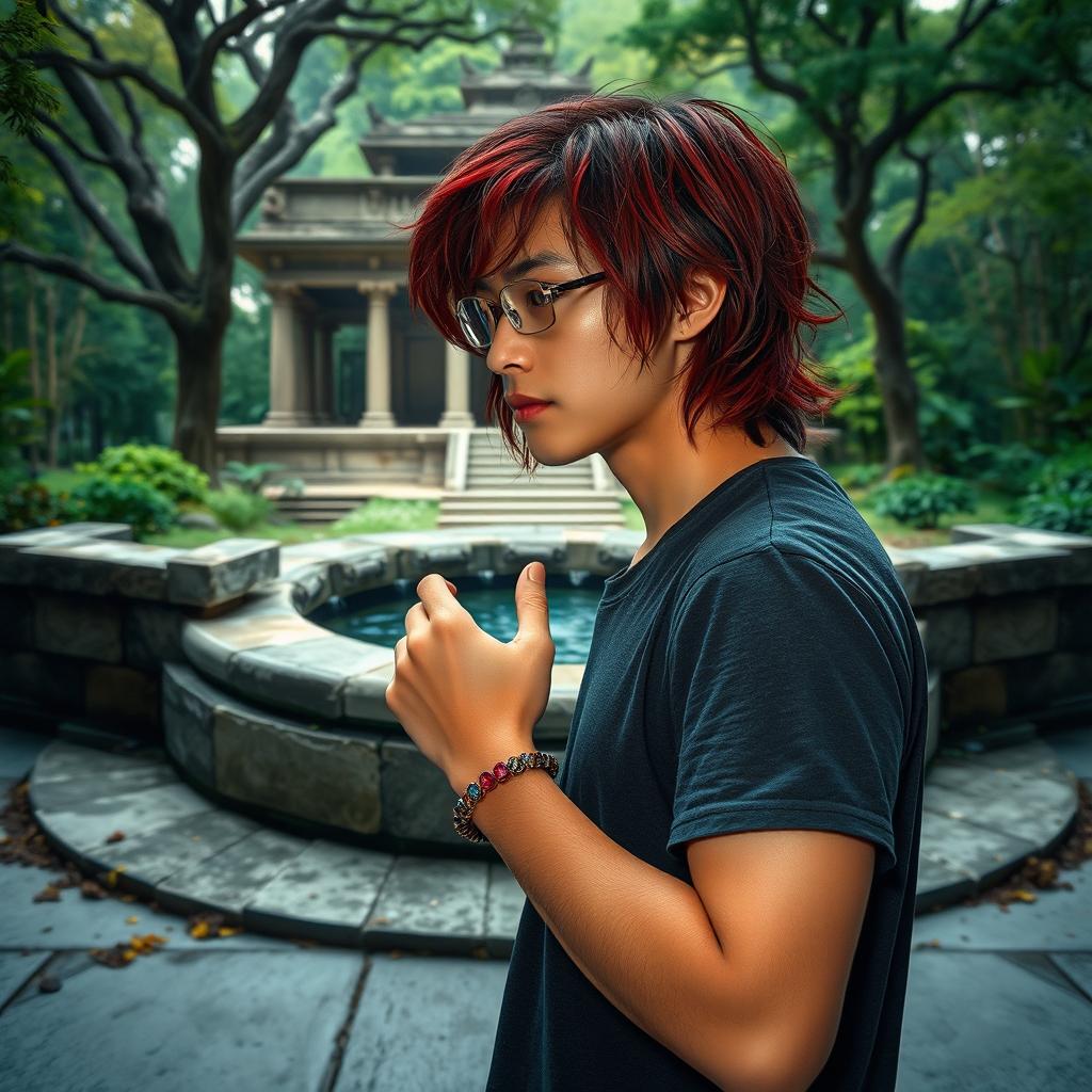 A 26-year-old young man with slightly long hair that has red tips stands in front of a magical well, looking into its depths