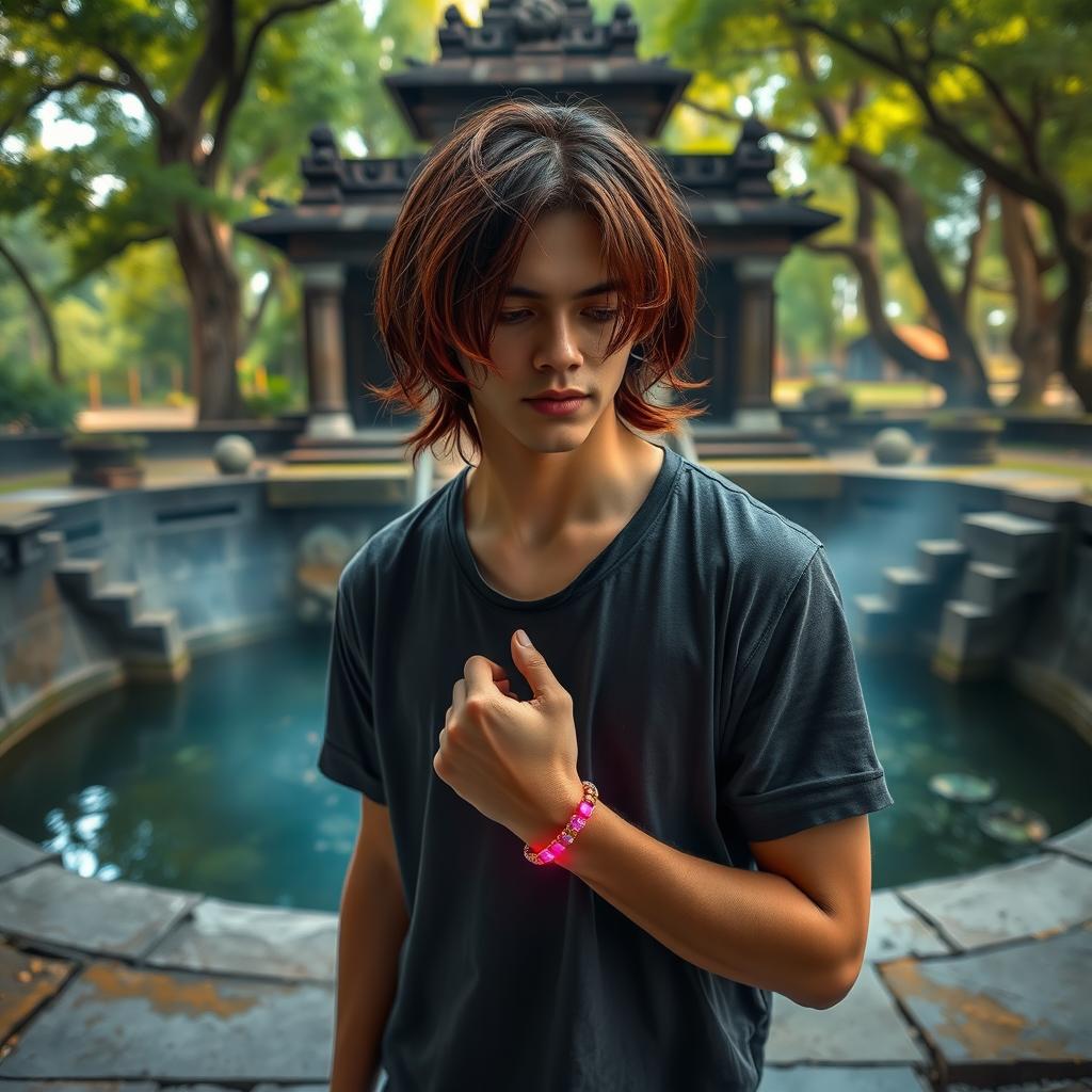 A 26-year-old young man with slightly long hair that has red tips stands in front of a magical well, looking into its depths