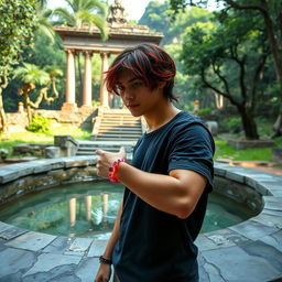 A 26-year-old young man with slightly long hair that has red tips stands in front of a magical well, looking into its depths